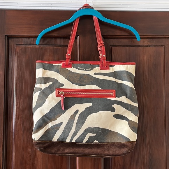 Dooney & Bourke Zebra Print Canvas and Suede Handbag with Red Accents - Picture 3 of 13